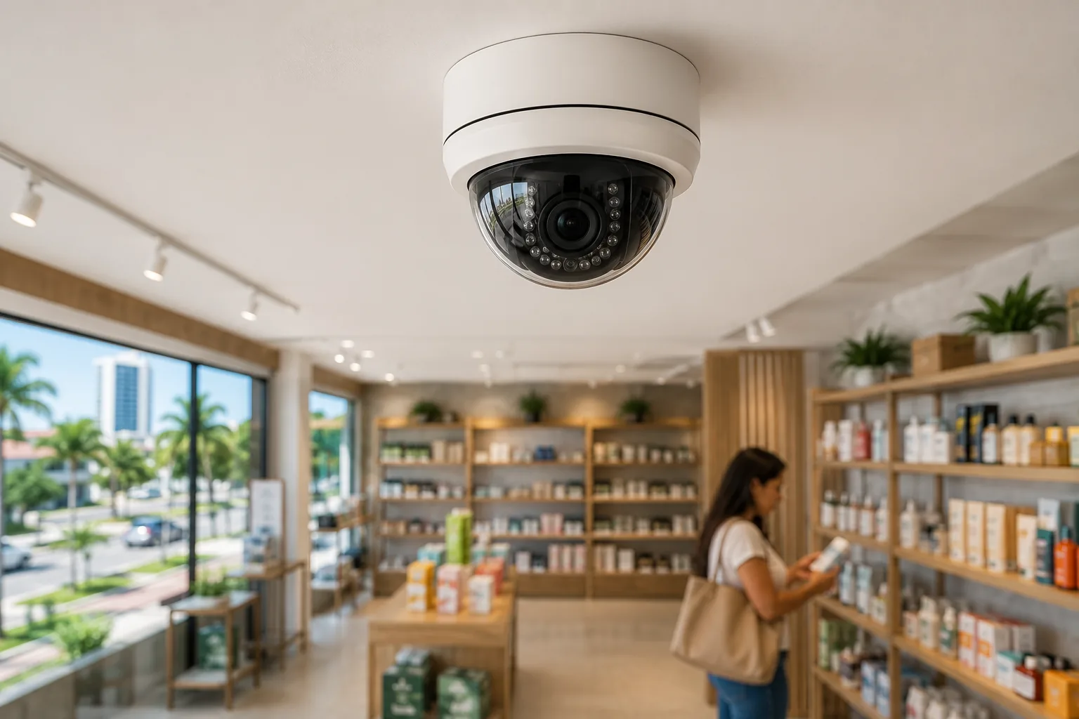 Cámara de seguridad domo protegiendo un comercio de retail